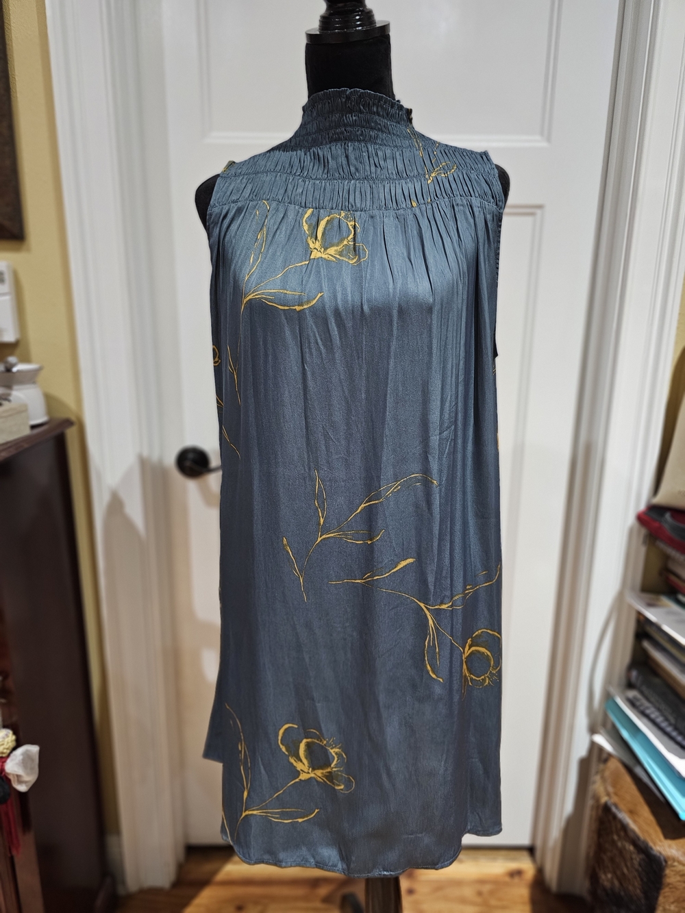 Sleeveless Slate Blue Slate Smocked-Neck With Gold Floral Dress, NWT